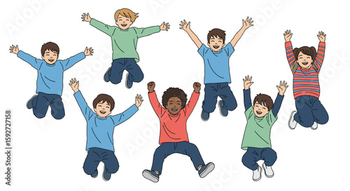 Children jumping in the air celebrating a happy moment together in an outdoor setting