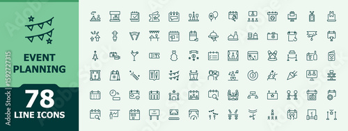 Event Planning vector icon set. Minimal linear icons. Pixel perfect. Vector illustration. Party linear icon collection. Contain linear symbols event, meeting, plan, celebration, wedding and more.