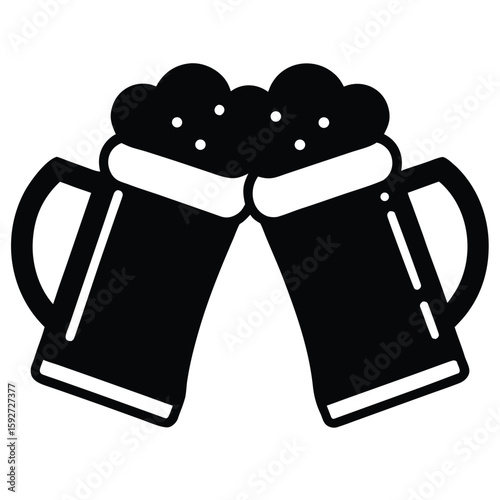 Two black beer mugs clinking toast celebration