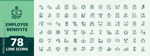 Employee Benefits line icon set. Contains such symbols as sick, benefit, employment, personal, development, holiday and more. Corporate line icon set. Minimalist icons pack. Vector illustration.