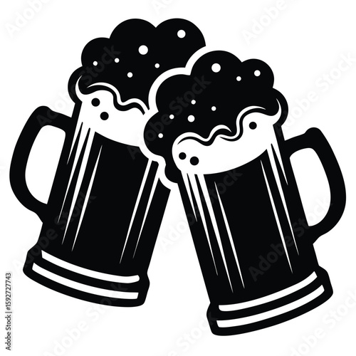 Two stylized beer mugs clinking toast celebration