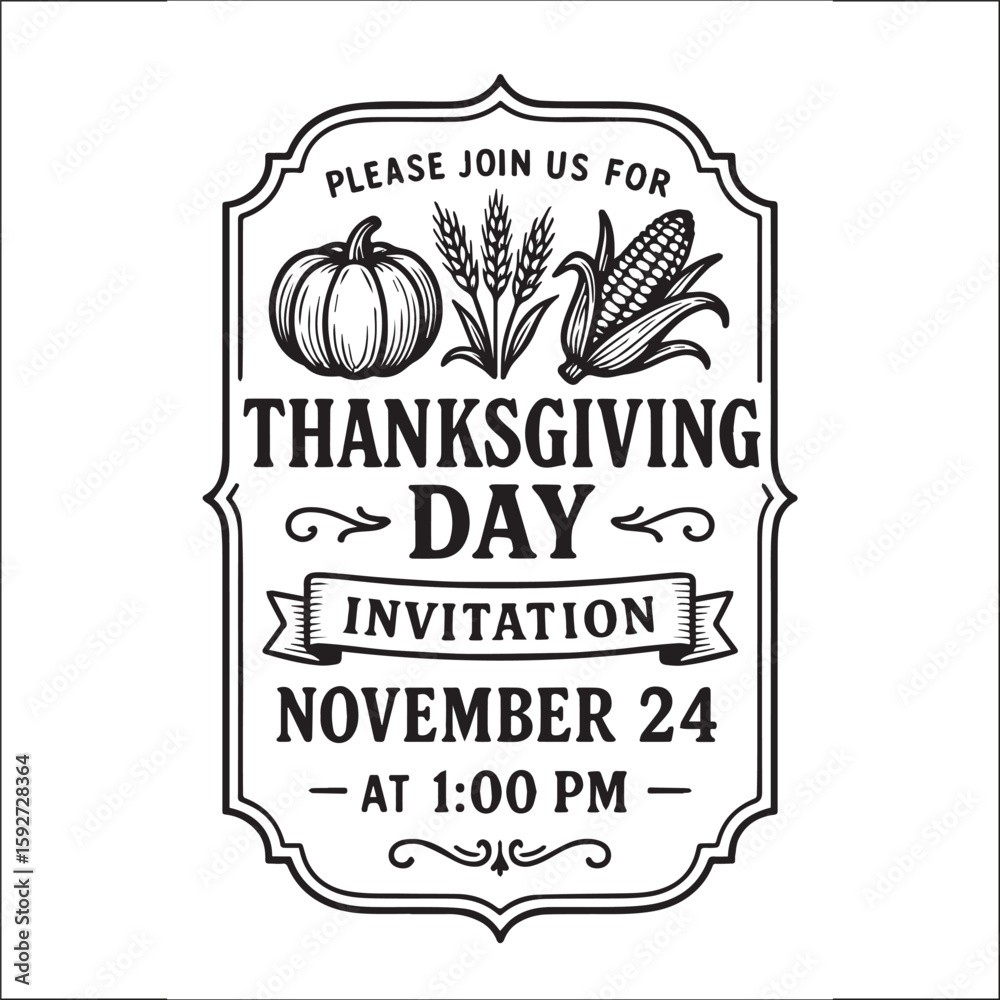 Fototapeta premium Thanksgiving Day Invitation Card Design Black And White