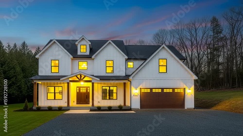 A modern white farmhouse with a dark wood garage door and entrance at dusk