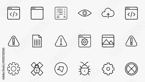 Minimal Coding and Development Vector Icons – Source Code Brackets, Terminal, Database, Bug, and Version Control Symbols