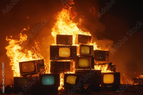 Massive flames consuming vintage televisions, casting dramatic shadows at night and symbolizing technological obsolescence through destructive visual metaphor