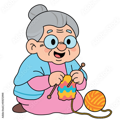 Cute cartoon style granny knitting, sitting with a ball of yarn,