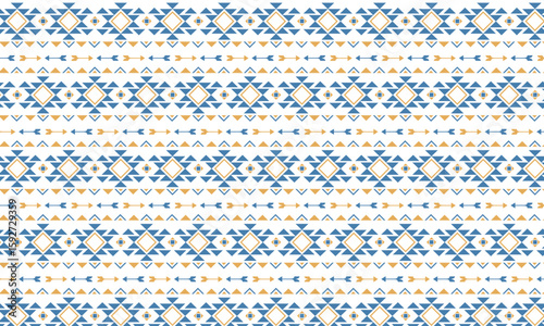 三角とひし形と矢印が入ったオレンジと青のネイティブ柄のパターン背景