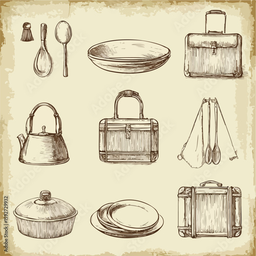 Hotel Service Elements Hand-drawn Sketch Set