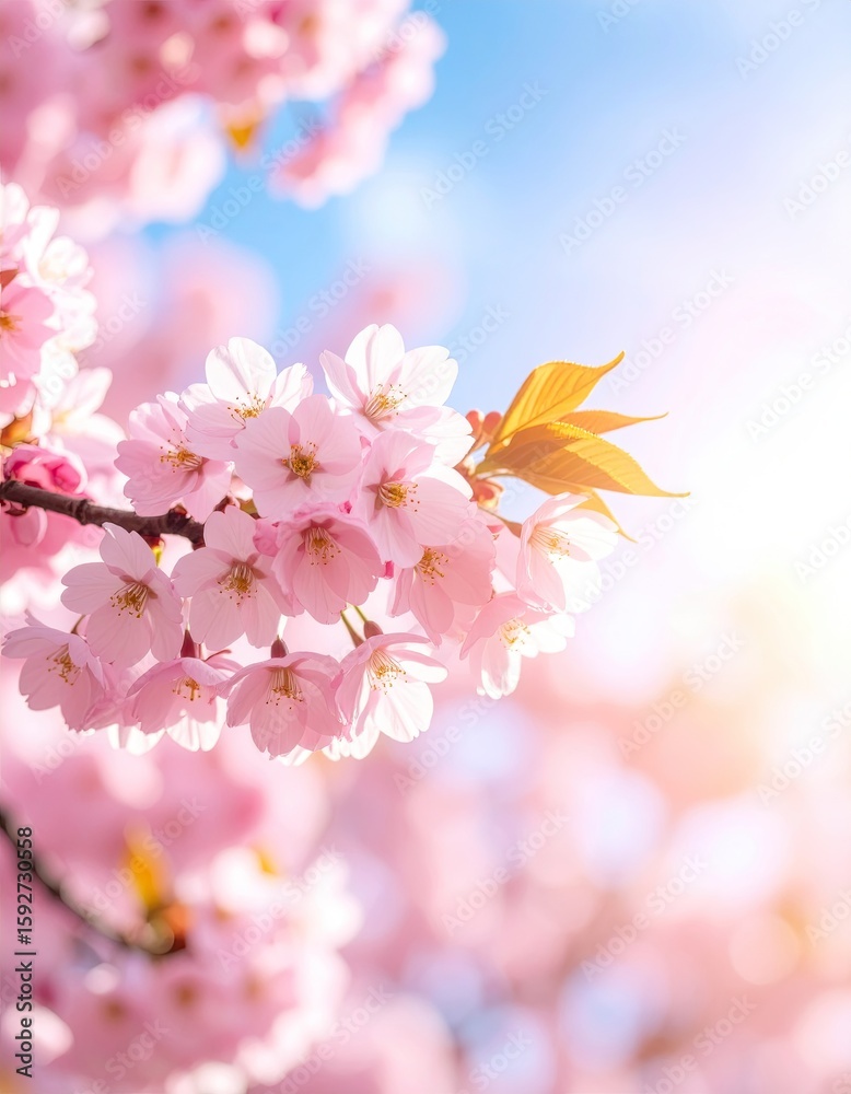 Fototapeta premium Delicate pink cherry blossoms against a bright blue sky