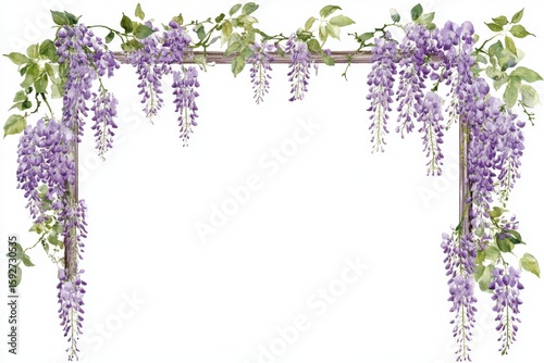 A beautiful wisteria frame with purple flowers isolated on white background