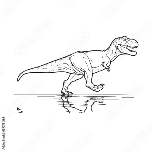 T rex dinosaur walking along a reflective water surface