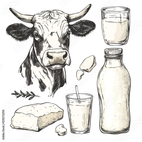 Hand-Drawn Cow Milk Products Set