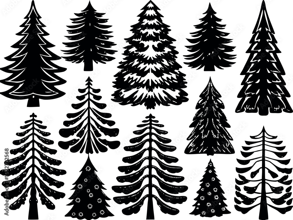 Obraz premium A diverse collection of twelve distinct silhouette christmas trees for festive holiday design projects