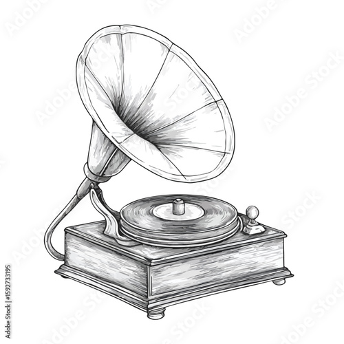 Vintage Gramophone Sketch on White Background