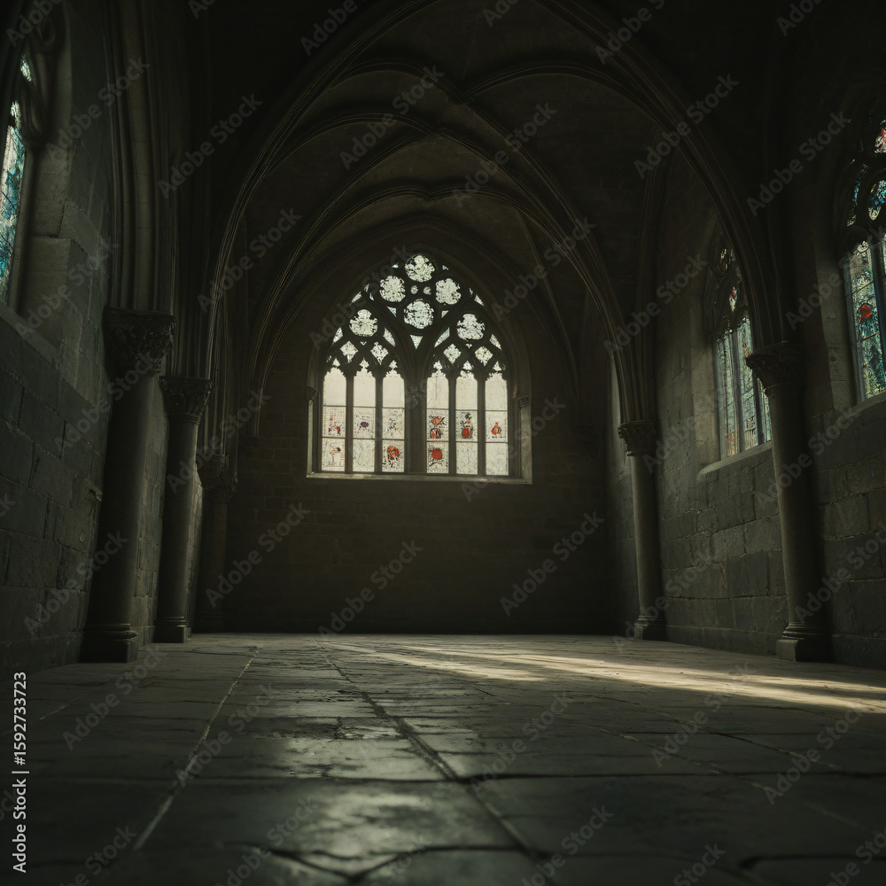 Fototapeta premium Gothic corridor with pointed arches, ribbed vaults & stained-glass window
