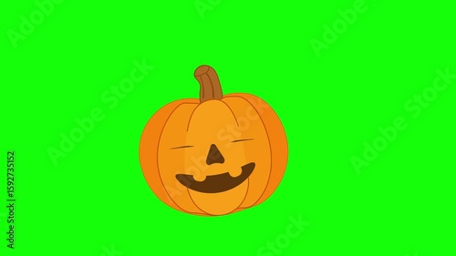 Animated jack-o'-lantern smiling and winking while gently swaying side to side on a green screen background, perfect for Halloween video projects, overlays, promos, and festive compositions.