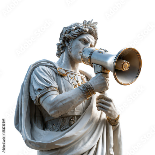 Stone statue of a Roman figure using a megaphone to convey a message in modern art style