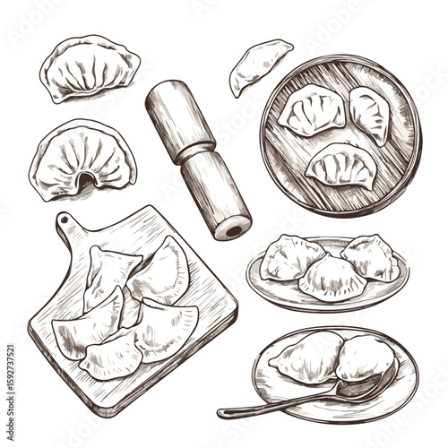 Variety of hand-drawn dumpling sketches