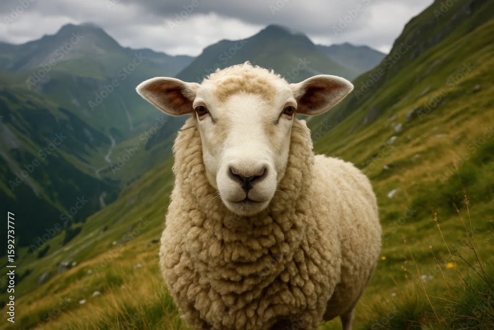 Amidst the rugged beauty of mountainous terrain, a solitary sheep gazes directly into the camera, its woolly coat standing out against the verdant backdrop Amidst the rugged beauty of mountainous terrain, a solitary sheep gazes directly into the camera, its woolly coat standing out against the verdant backdrop