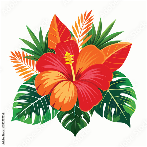 Vibrant Hibiscus Flower with Tropical Leaves Illustration