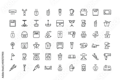 Smart Home Appliance and Device Icon Set Outline Style Black and White