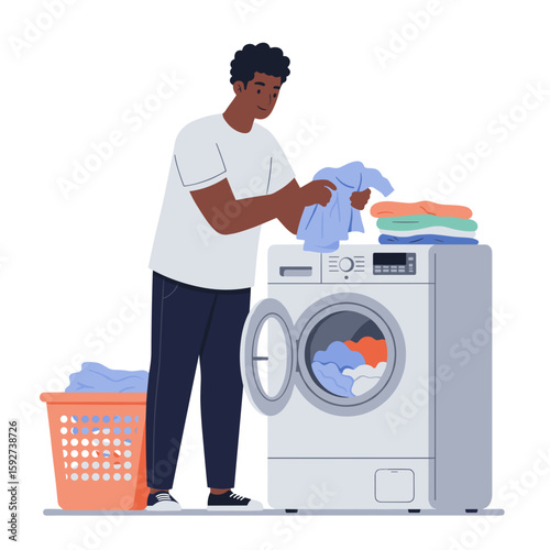 Man loading clothes into washing machine at home with basket nearby, white background, vector  