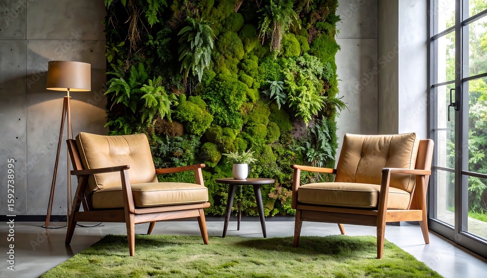 Fototapeta premium Modern living room with lush wall decor