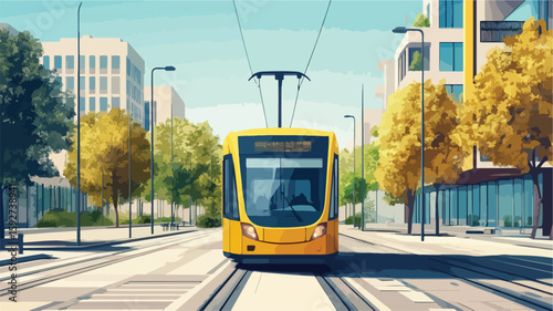 Vibrant Urban Transport Scene with Yellow Tram in the City Street
