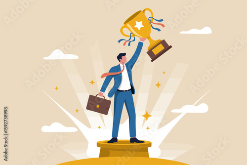 Business Triumph Illustration: A triumphant businessperson raises a golden trophy to celebrate their success, symbolizing achievement in a modern graphic illustration.