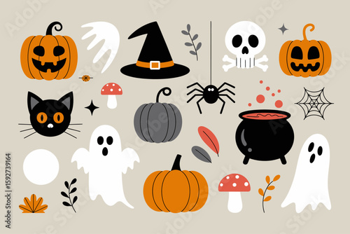 Whimsical Halloween Collection: A delightful assortment of Halloween-themed illustrations, featuring pumpkins, a black cat, spooky ghosts, witch hat, and other festive elements.