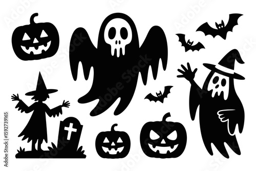 Spooky Silhouette Set: A collection of Halloween silhouettes captures the essence of the holiday, with a pumpkin, grinning ghost, bats, and witch, all meticulously crafted in a dark and festive style.