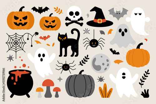 Spooky Halloween Collection: A vibrant illustration showcases a collection of quintessential Halloween elements, from grinning pumpkins to eerie ghosts, evoking the festive spirit of All Hallows' Eve.