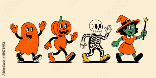 Spooky Halloween Parade: A whimsical illustration featuring a playful ghost, a grinning pumpkin, a skeletal figure, and a mischievous witch, marching together in a vibrant Halloween celebration.