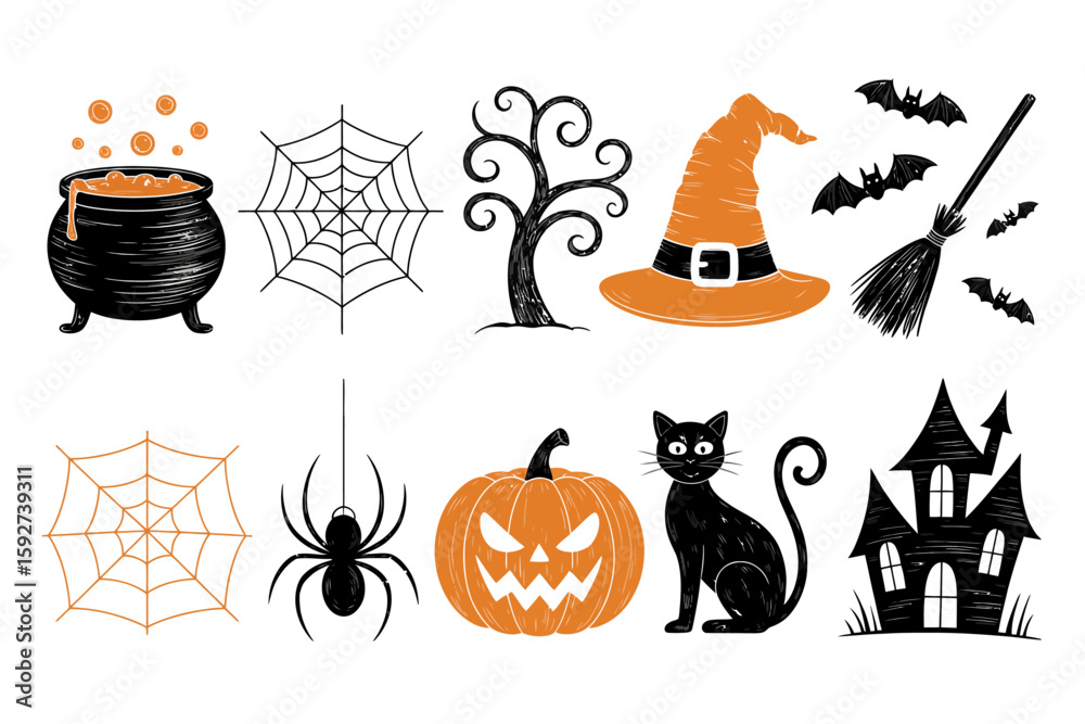 Obraz premium Halloween Icon Set: A spooky collection of illustrated Halloween elements, including cauldron, web, tree, witch hat, bats, broom, spider, pumpkin, cat, and haunted house.