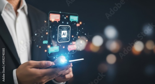 Photo of a person holds a smartphone displaying an ai chip icon surrounded by communication bubbles, with a blurred city at night in the background