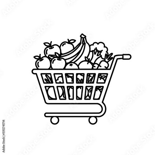Shopping cart filled with fruits and vegetables as a vector icon  
