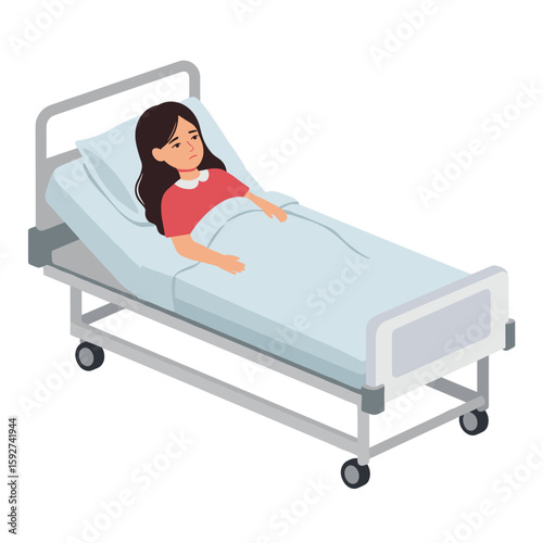 Girl lying in hospital bed looking unwell in medical environment, transparent background, vector  