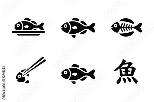 Fish icons silhouette with chopsticks and Japanese character food seafood