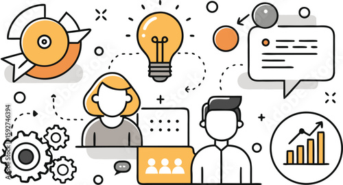 Stylized illustration of business teamwork collaboration and idea generation with icons