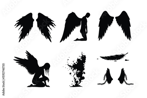 Black angel wing silhouettes and chained wings angel wings broken