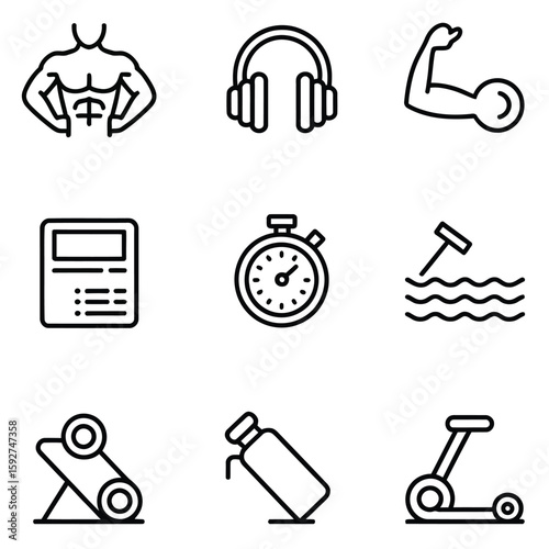 Muscular man headphones flexing arm stopwatch water waves yoga mat water bottle scooter