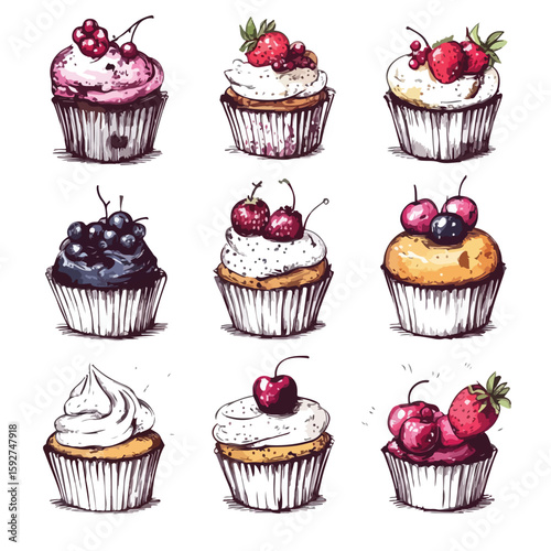 Hand-drawn Cupcake Sketch Set