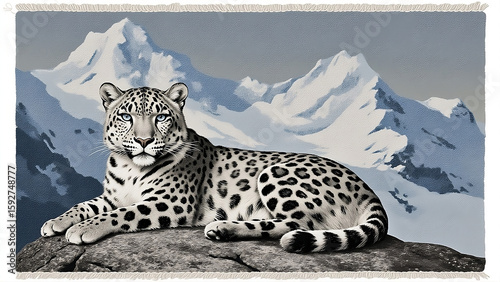 A Bold Wall Hanging Carpet Featuring a Majestic Snow Leopard Reclining on a Mountain Ridge, Its Fur Rendered in Detailed Grey, White, and Slate Yarn Textures