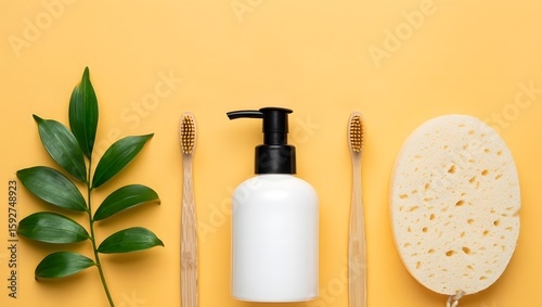 Eco friendly bathroom products bamboo toothbrush natural sponge and organic soap flatlay