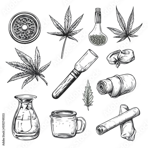 Hand-Drawn Sketch Weed Smoking Tools Set