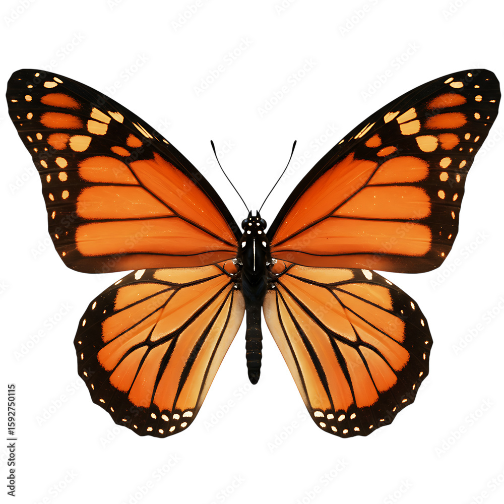Fototapeta premium A vibrant monarch butterfly with orange and black wings is isolated on transparent background transparent background