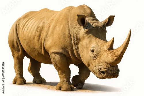 A lone rhinoceros stands majestically against a pristine white background, its powerful form and distinctive horns capturing the essence of wildlife