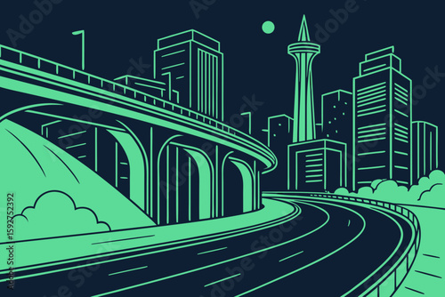 A glowing futuristic highway powered by green energy cuts through a city at night, symbolizing speed and tech, modern flat illustration style