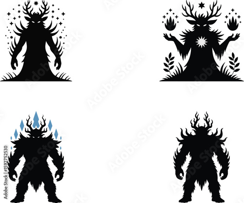 Silhouette illustrations of mythical forest creatures with antlers and magical elements in a unique style