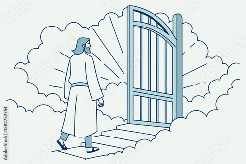 A heavenly gate opens in the clouds as a man in a white robe begins a spiritual journey, full of light, modern flat illustration style